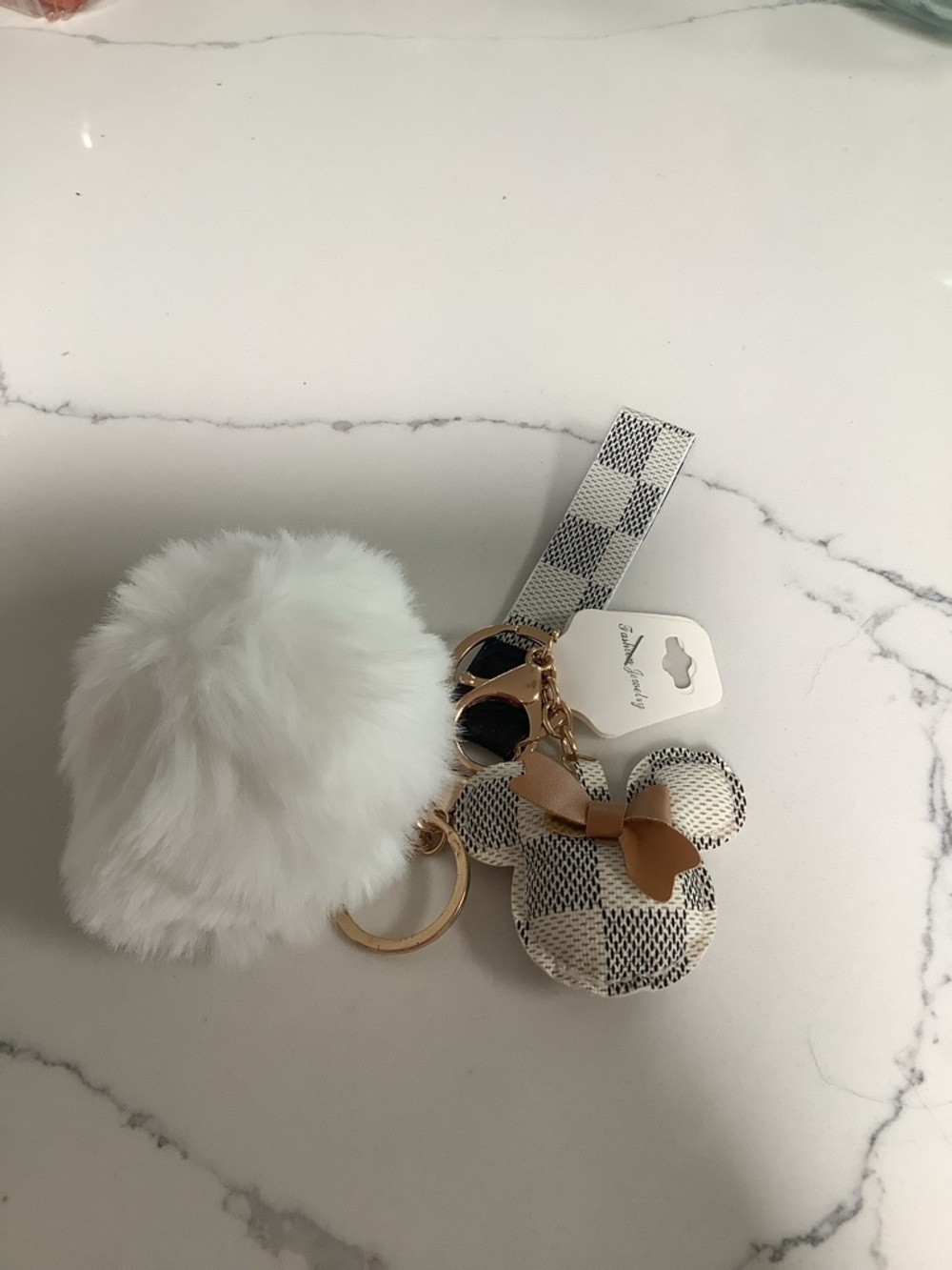 Plaid Mouse Ear Keychain with White Faux Fur Pom